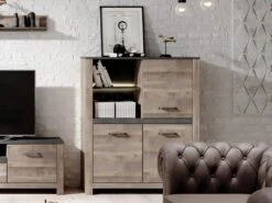Buffet Haut SABONI - 3 Portes Et 2 Niches - Avec LEDs - Noyer Et Anthracite -Mobilia Boutique bibliotheque 483443