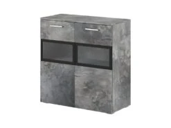 Buffet 90cm Pour Salon Avec 2 Portes Vitrées Et LED Intégrées Couleur Effet Ardoise Collection CONNOR.