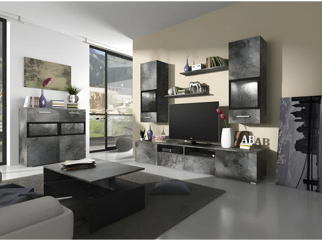 Buffet 90cm Pour Salon Avec 2 Portes Vitrées Et LED Intégrées Couleur Effet Ardoise Collection CONNOR. 5 Buffet 90cm Pour Salon Avec 2 Portes Vitrées Et LED Intégrées Couleur Effet Ardoise Collection CONNOR. – Image 3