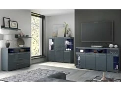 Buffet 130cm Pour Salon Couleur Gris Brillant Avec éclairage LED Multicolore Intégré Collection BOMBAY. -Mobilia Boutique buffet 10721567