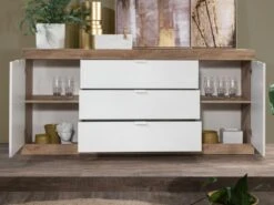 Buffet Avec 2 Portes Et 3 Tiroirs - Naturel Et Blanc Laqué - EVOLIA -Mobilia Boutique buffet 10849203