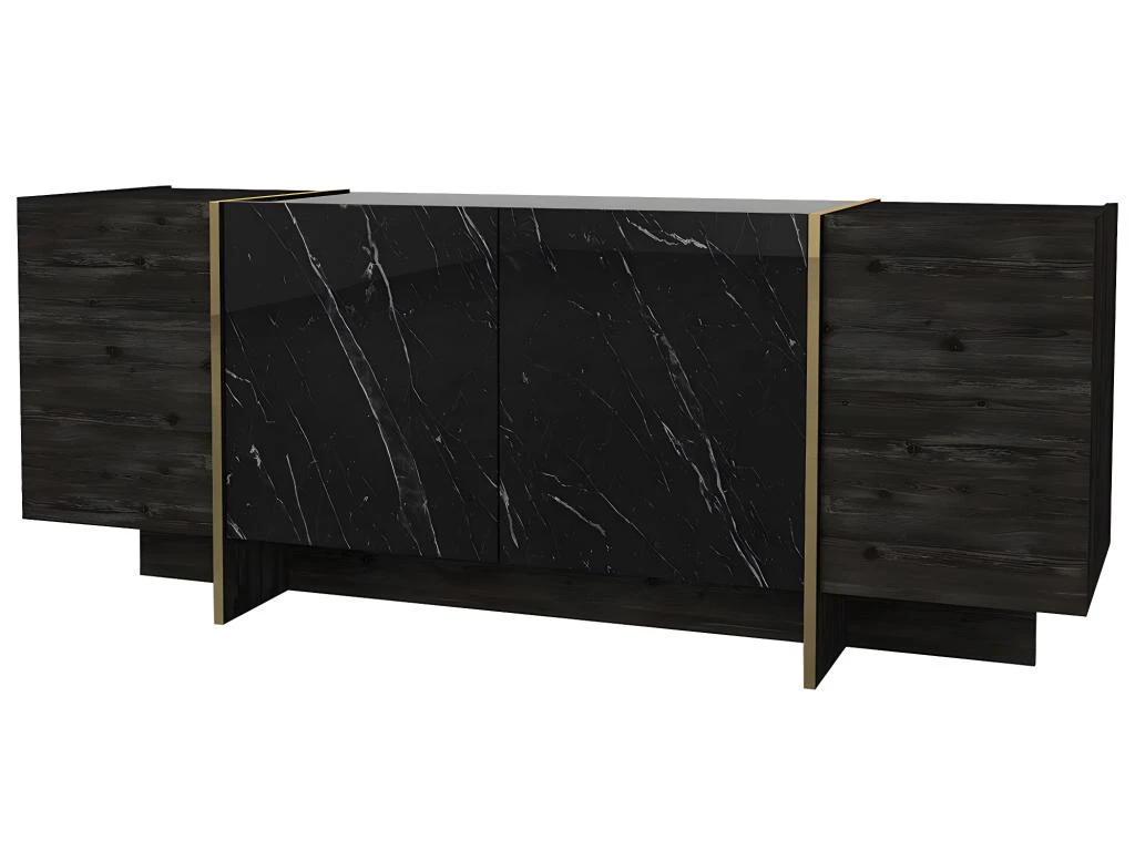 Buffet Avec 4 Portes - Effet Marbre Noir, Naturel Foncé Et Doré - CADEBA II 7 Buffet Avec 4 Portes - Effet Marbre Noir, Naturel Foncé Et Doré - CADEBA II – Image 5