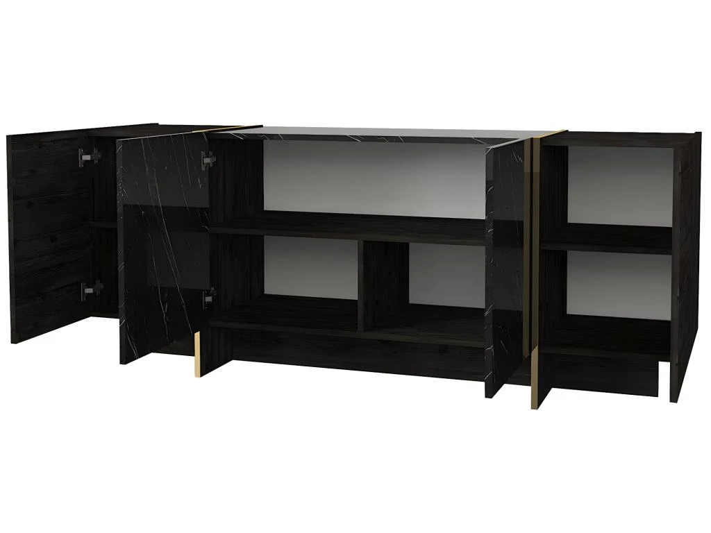 Buffet Avec 4 Portes - Effet Marbre Noir, Naturel Foncé Et Doré - CADEBA II 8 Buffet Avec 4 Portes - Effet Marbre Noir, Naturel Foncé Et Doré - CADEBA II – Image 6