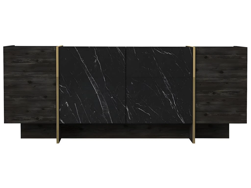 Buffet Avec 4 Portes - Effet Marbre Noir, Naturel Foncé Et Doré - CADEBA II 6 Buffet Avec 4 Portes - Effet Marbre Noir, Naturel Foncé Et Doré - CADEBA II – Image 4
