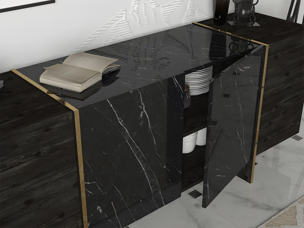 Buffet Avec 4 Portes - Effet Marbre Noir, Naturel Foncé Et Doré - CADEBA II 5 Buffet Avec 4 Portes - Effet Marbre Noir, Naturel Foncé Et Doré - CADEBA II – Image 3