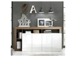 Mobilia Boutique 25 Buffet 4 Portes Blanc Laqué Brillant/Chêne Noisette - ISCHIA