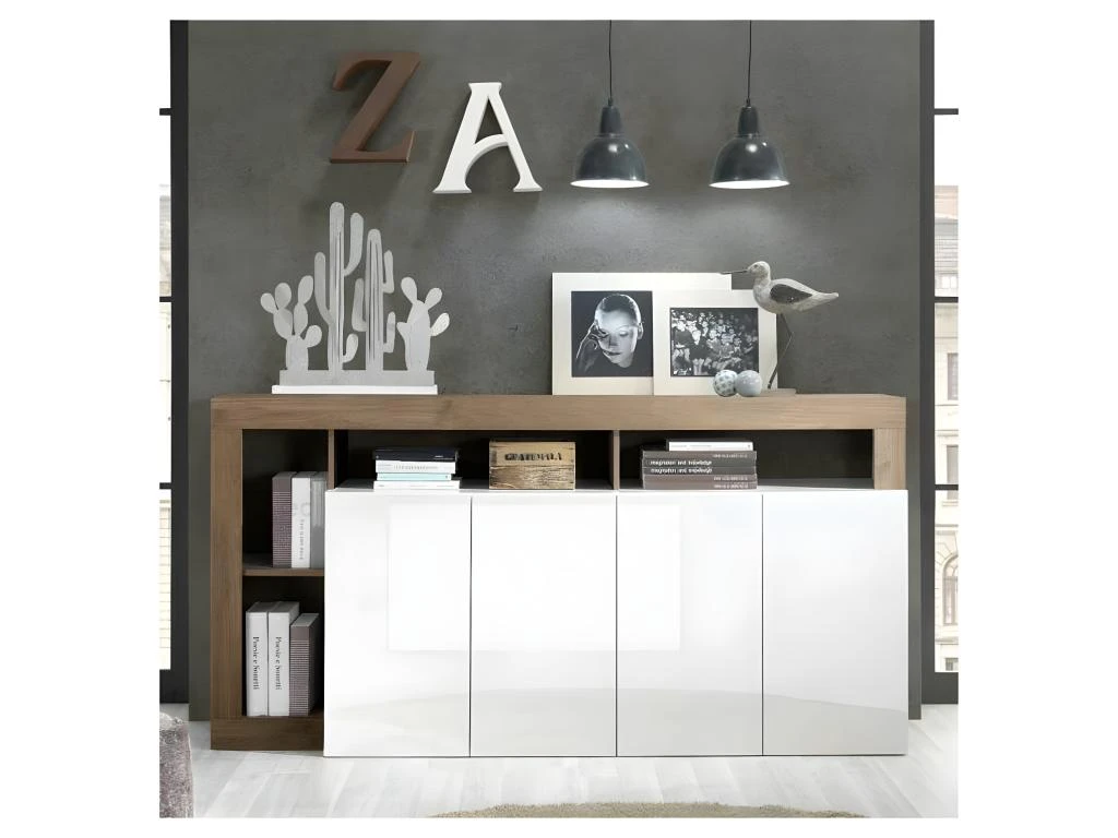 Buffet 4 Portes Blanc Laqué Brillant/Chêne Noisette - ISCHIA 3 Buffet 4 Portes Blanc Laqué Brillant/Chêne Noisette - ISCHIA