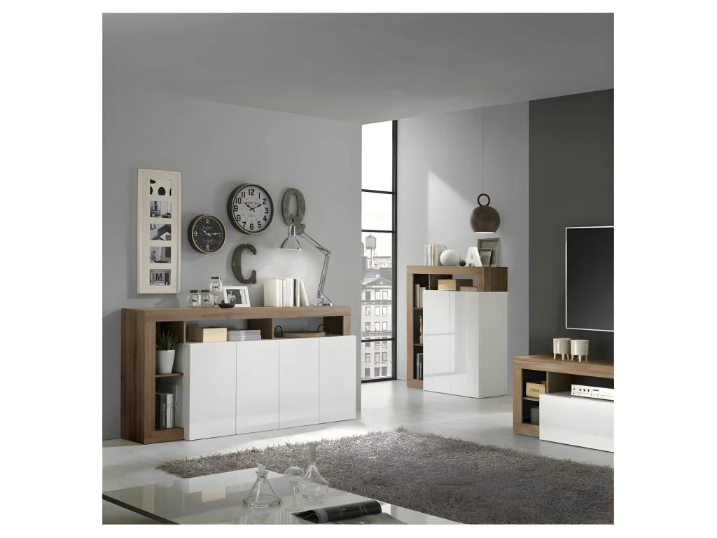 Buffet 4 Portes Blanc Laqué Brillant/Chêne Noisette - ISCHIA 6 Buffet 4 Portes Blanc Laqué Brillant/Chêne Noisette - ISCHIA – Image 4