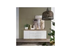 Buffet 2 Portes 3 Grands Tiroirs Blanc Laqué Brillant/Chêne Naturel - SPEZIA -Mobilia Boutique buffet 11132737