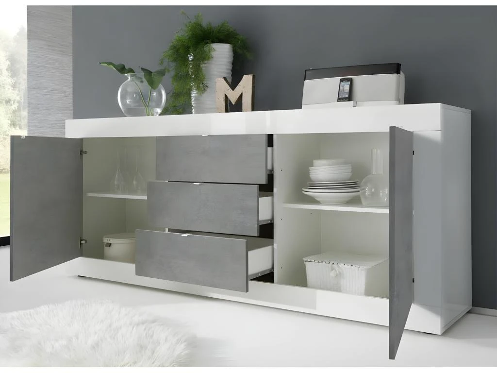 Buffet 2 Portes 3 Tiroirs Blanc/Béton Ciré Clair - MATERA 4 Buffet 2 Portes 3 Tiroirs Blanc/Béton Ciré Clair - MATERA – Image 2