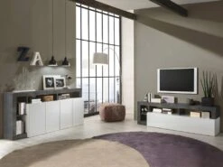 Buffet SEFRO - 4 Portes Et 4 Niches - Blanc Laqué Et Béton -Mobilia Boutique buffet 12495589