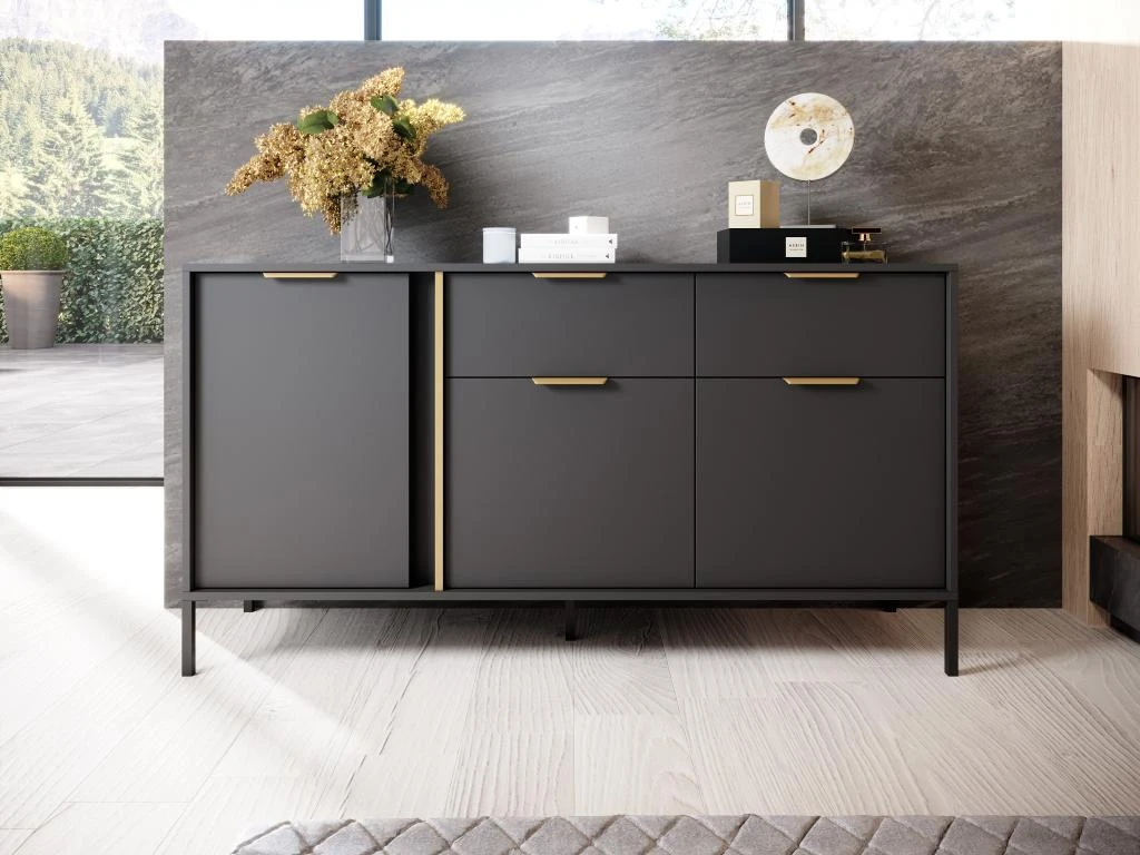 Buffet Avec 3 Portes Et 2 Tiroirs - Anthracite Et Doré - PAVELI 3 Buffet Avec 3 Portes Et 2 Tiroirs - Anthracite Et Doré - PAVELI