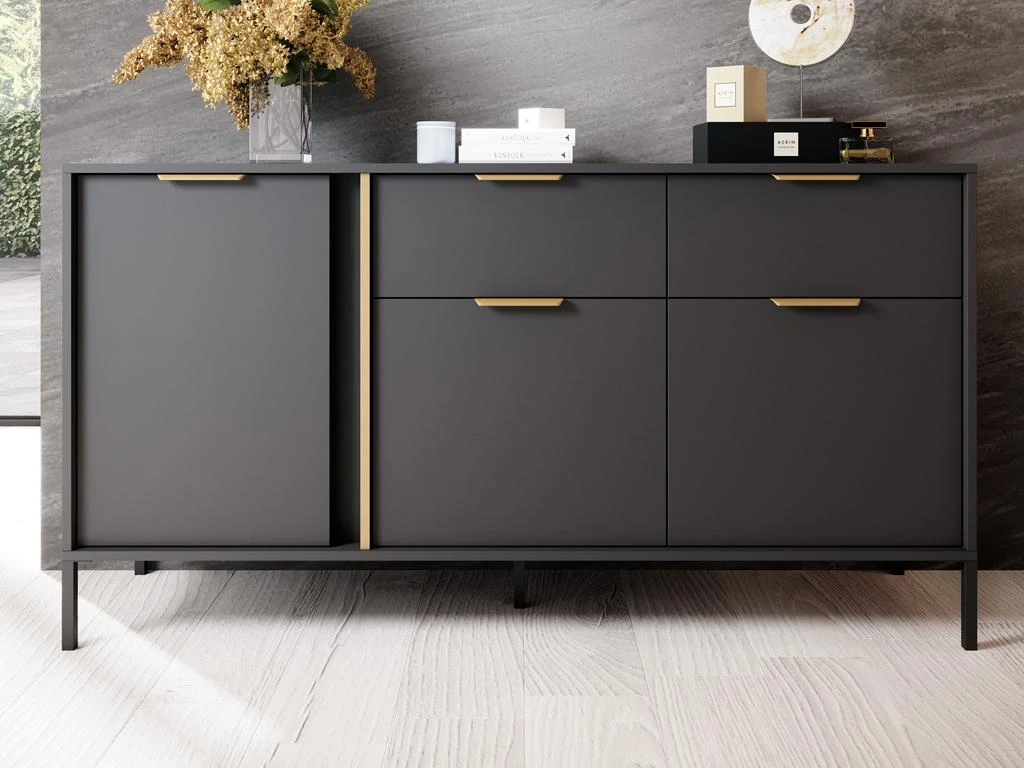 Buffet Avec 3 Portes Et 2 Tiroirs - Anthracite Et Doré - PAVELI 4 Buffet Avec 3 Portes Et 2 Tiroirs - Anthracite Et Doré - PAVELI – Image 2