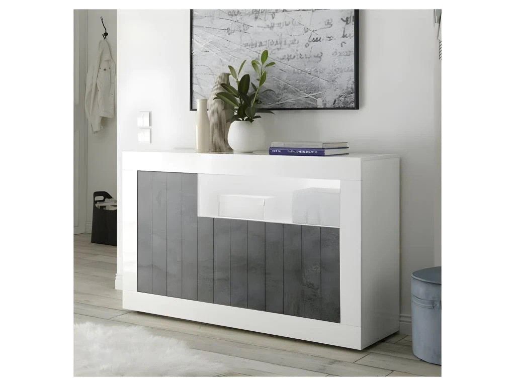 Buffet 3 Portes 1 Niche Blanc/Béton Ciré Foncé - LUBIO 3 Buffet 3 Portes 1 Niche Blanc/Béton Ciré Foncé - LUBIO