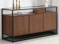 Buffet Avec 3 Portes En MDF, Verre Trempé Et Métal - Naturel Foncé - CAMATA -Mobilia Boutique buffet 14816853