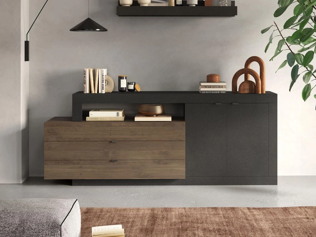 Buffet Avec 2 Portes, 3 Tiroirs Et 1 Niche - Naturel Foncé Et Anthracite - RUSELO 3 Buffet Avec 2 Portes, 3 Tiroirs Et 1 Niche - Naturel Foncé Et Anthracite - RUSELO