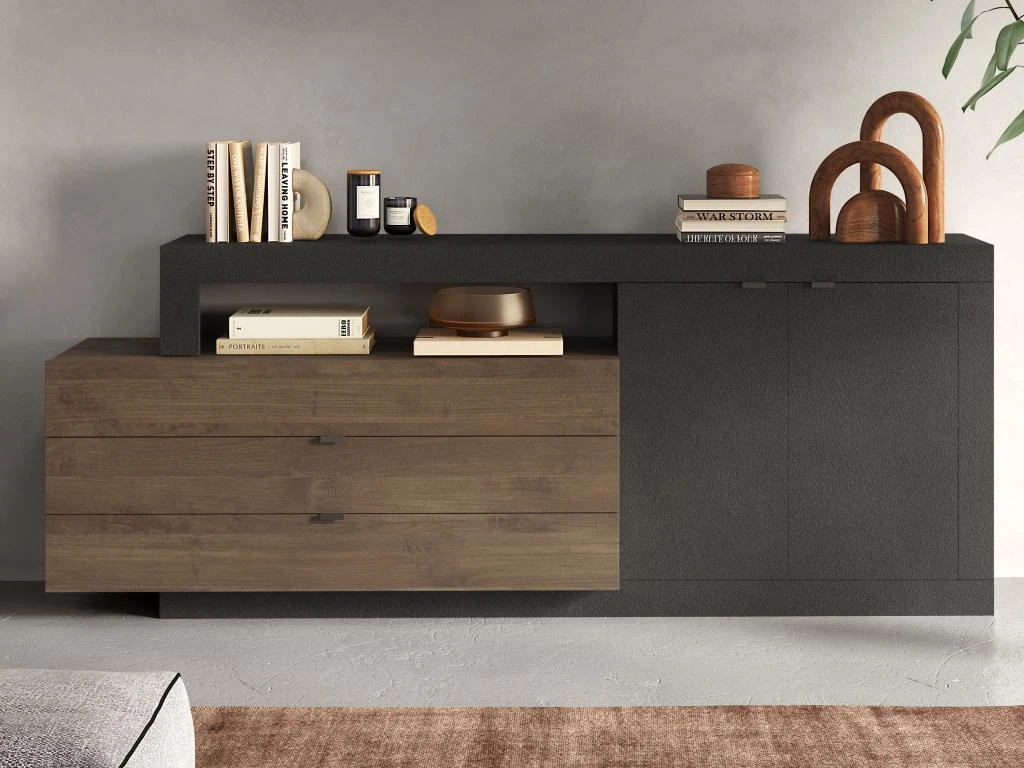 Buffet Avec 2 Portes, 3 Tiroirs Et 1 Niche - Naturel Foncé Et Anthracite - RUSELO 4 Buffet Avec 2 Portes, 3 Tiroirs Et 1 Niche - Naturel Foncé Et Anthracite - RUSELO – Image 2