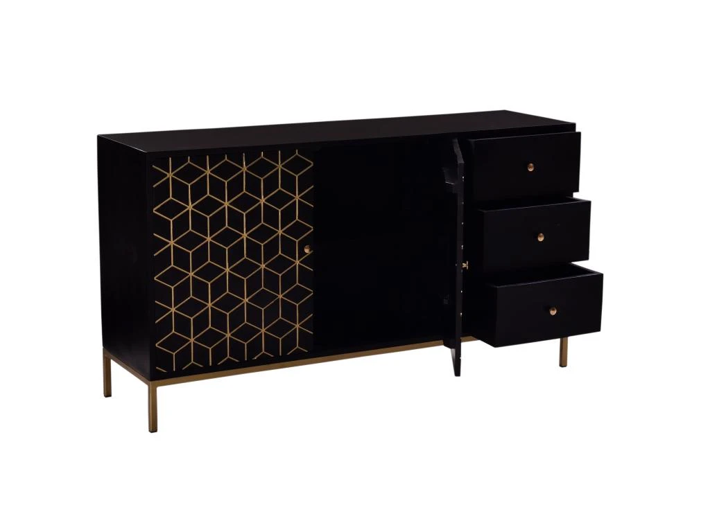 Buffet Avec 2 Portes Et 3 Tiroirs En Bois De Manguier Et Métal - Noir Et Doré - ANALIMY 9 Buffet Avec 2 Portes Et 3 Tiroirs En Bois De Manguier Et Métal - Noir Et Doré - ANALIMY – Image 7
