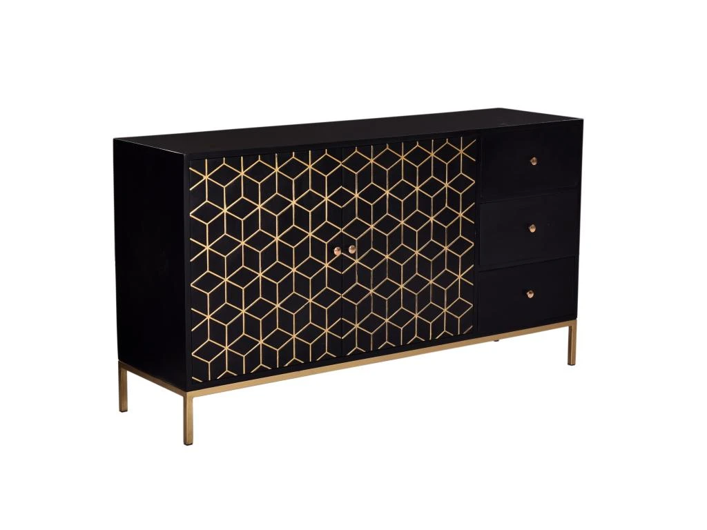 Buffet Avec 2 Portes Et 3 Tiroirs En Bois De Manguier Et Métal - Noir Et Doré - ANALIMY 8 Buffet Avec 2 Portes Et 3 Tiroirs En Bois De Manguier Et Métal - Noir Et Doré - ANALIMY – Image 6