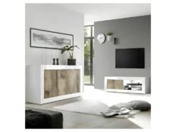 Buffet 3 Portes Blanc/Planches Bois - MATERA -Mobilia Boutique buffet 17623979