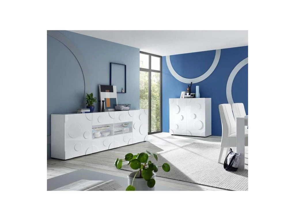 Buffet 2 Portes 4 Tiroirs Blanc Laqué Brillant à Leds - PEPPERONI 4 Buffet 2 Portes 4 Tiroirs Blanc Laqué Brillant à Leds - PEPPERONI – Image 2