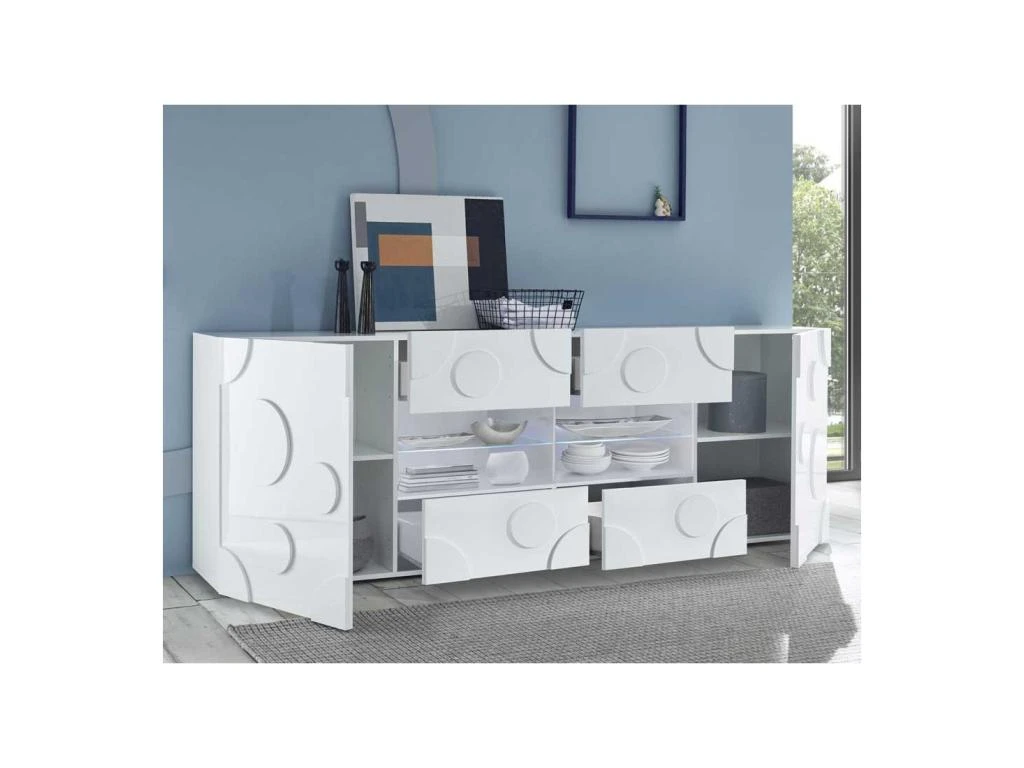 Buffet 2 Portes 4 Tiroirs Blanc Laqué Brillant à Leds - PEPPERONI 6 Buffet 2 Portes 4 Tiroirs Blanc Laqué Brillant à Leds - PEPPERONI – Image 4