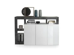 Buffet 3 Portes Blanc Laqué Brillant/Béton Ciré Foncé - ISCHIA -Mobilia Boutique buffet 17635607