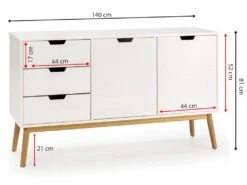 Buffet Baku 3 Tiroir Y 2 Porte Blanc, Pin Massif, Longueur 140 Cm -Mobilia Boutique buffet 18369799
