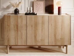 Buffet Avec 3 Portes - Naturel Clair Et Effet Marbre Blanc - SITOLI -Mobilia Boutique buffet 18812511