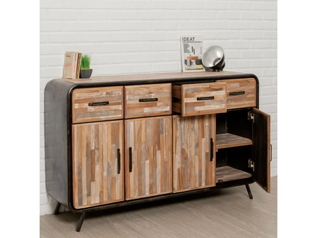 Buffet 4 Portes En Teck Industriel "Fusion" 140cm Naturel 5 Buffet 4 Portes En Teck Industriel "Fusion" 140cm Naturel – Image 3