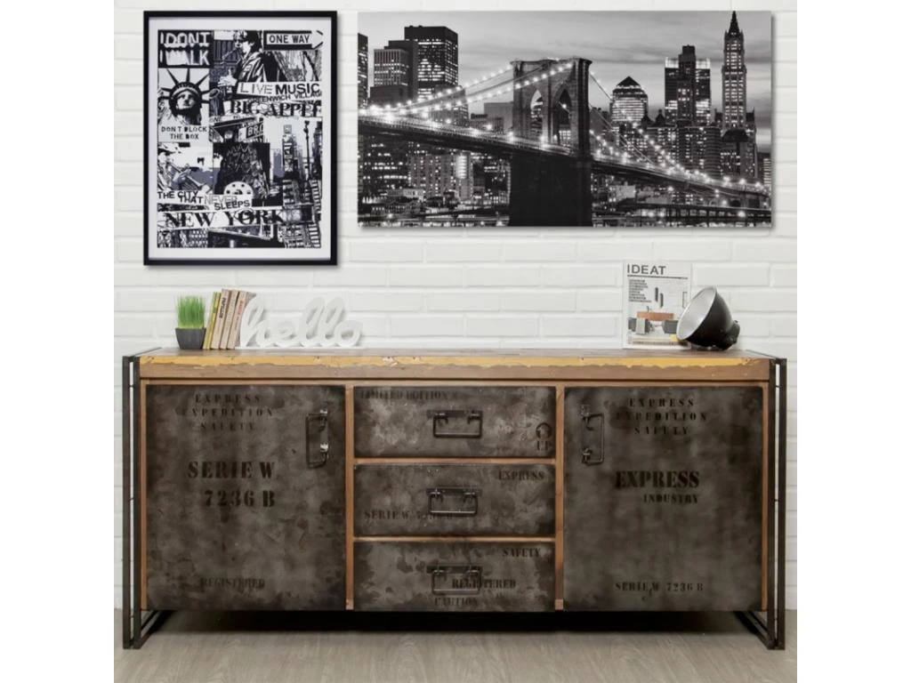 Buffet En Teck Industriel "Loft" 190cm Marron 3 Buffet En Teck Industriel "Loft" 190cm Marron