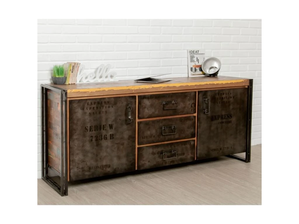 Buffet En Teck Industriel "Loft" 190cm Marron 4 Buffet En Teck Industriel "Loft" 190cm Marron – Image 2