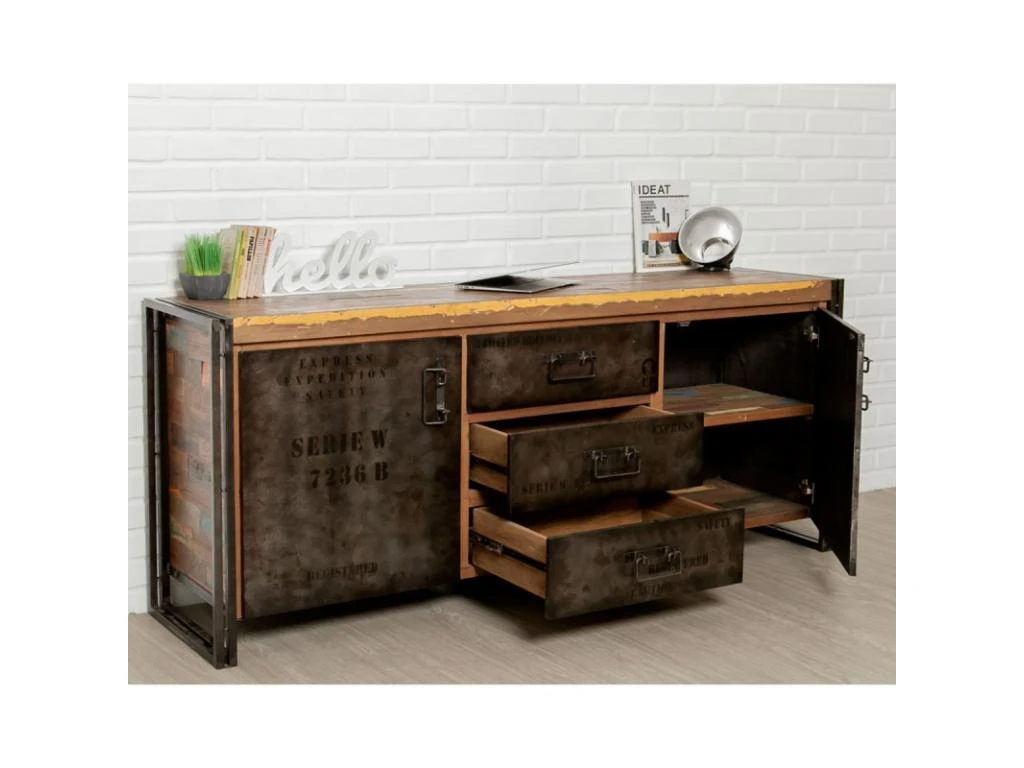 Buffet En Teck Industriel "Loft" 190cm Marron 5 Buffet En Teck Industriel "Loft" 190cm Marron – Image 3