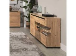 Buffet 3 Portes à LED Chêne Miel/verre - COSPRI - L 150.5 X L 39.5 X H 86 Cm