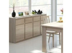 Buffet 4 Portes 4 Tiroirs Chêne Clair - ZYWO - L 220 X L 41 X H 88 Cm