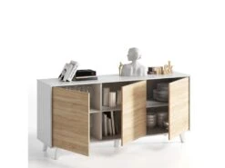 Buffet 3 Portes Blanc Brillant/Chêne Clair - STOCKTON - L 154 X L 41 X H 75 Cm -Mobilia Boutique buffet 19720557