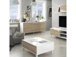 Buffet 3 Portes Blanc Brillant/Chêne Clair - STOCKTON - L 154 X L 41 X H 75 Cm -Mobilia Boutique buffet 19720565