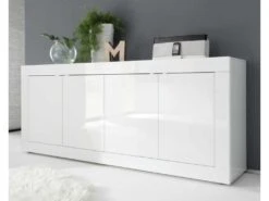 Buffet Moderne 4 Portes En Bois Blanc Laqué Brillant - MILAN - L 207 X L 43 X H 86 Cm
