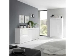 Buffet Moderne 4 Portes En Bois Blanc Laqué Brillant - MILAN - L 207 X L 43 X H 86 Cm -Mobilia Boutique buffet 19720839