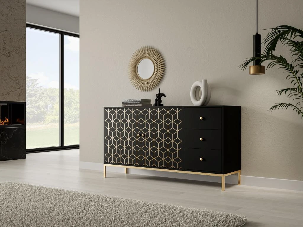 Buffet Avec 2 Portes Et 3 Tiroirs En Bois De Manguier Et Métal - Noir Et Doré - ANALIMY 3 Buffet Avec 2 Portes Et 3 Tiroirs En Bois De Manguier Et Métal - Noir Et Doré - ANALIMY