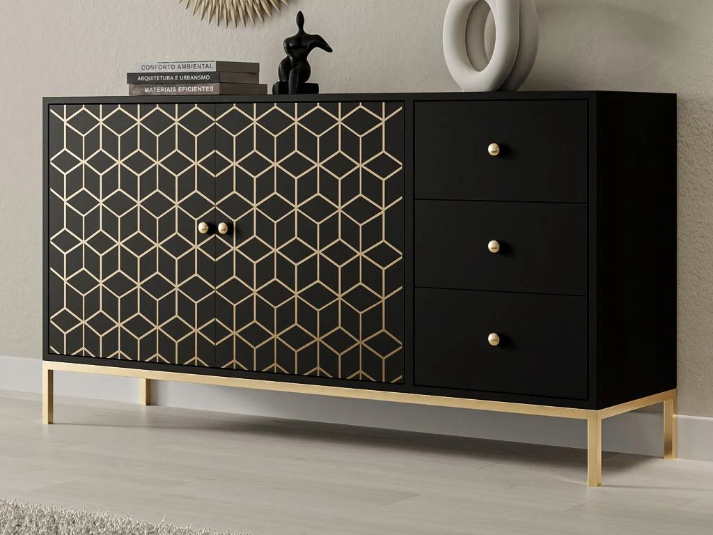 Buffet Avec 2 Portes Et 3 Tiroirs En Bois De Manguier Et Métal - Noir Et Doré - ANALIMY 4 Buffet Avec 2 Portes Et 3 Tiroirs En Bois De Manguier Et Métal - Noir Et Doré - ANALIMY – Image 2