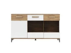 Buffet 3 Portes Battantes Chêne Miel/Blanc LED - APODIS - L 155.5 X L 39,5 X H 90 Cm