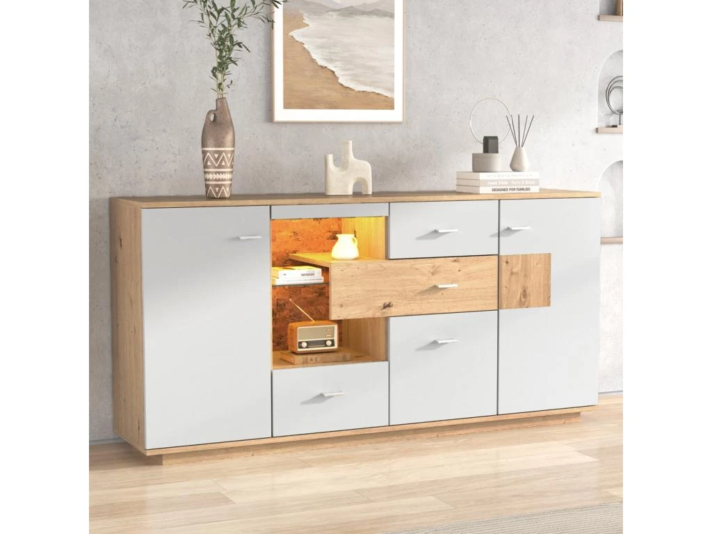 Buffet Bas Avec 2 Portes Et 4 Tiroirs - LED - étagère En Verre Pour Salon Ou Cuisine - Blanc & Naturel 3 Buffet Bas Avec 2 Portes Et 4 Tiroirs - LED - étagère En Verre Pour Salon Ou Cuisine - Blanc & Naturel