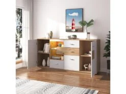 Buffet Bas Avec 2 Portes Et 4 Tiroirs - LED - étagère En Verre Pour Salon Ou Cuisine - Blanc & Naturel 7 Buffet Bas Avec 2 Portes Et 4 Tiroirs - LED - étagère En Verre Pour Salon Ou Cuisine - Blanc & Naturel -Mobilia Boutique buffet 21026123