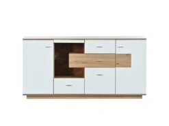 Buffet Bas Avec 2 Portes Et 4 Tiroirs - LED - étagère En Verre Pour Salon Ou Cuisine - Blanc & Naturel 8 Buffet Bas Avec 2 Portes Et 4 Tiroirs - LED - étagère En Verre Pour Salon Ou Cuisine - Blanc & Naturel -Mobilia Boutique buffet 21026125