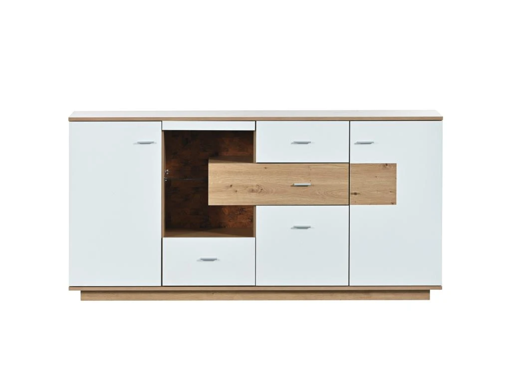 Buffet Bas Avec 2 Portes Et 4 Tiroirs - LED - étagère En Verre Pour Salon Ou Cuisine - Blanc & Naturel 5 Buffet Bas Avec 2 Portes Et 4 Tiroirs - LED - étagère En Verre Pour Salon Ou Cuisine - Blanc & Naturel – Image 3