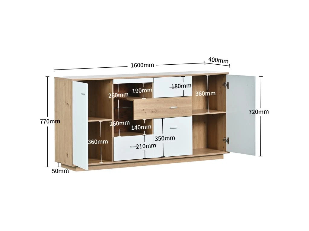 Buffet Bas Avec 2 Portes Et 4 Tiroirs - LED - étagère En Verre Pour Salon Ou Cuisine - Blanc & Naturel 6 Buffet Bas Avec 2 Portes Et 4 Tiroirs - LED - étagère En Verre Pour Salon Ou Cuisine - Blanc & Naturel – Image 4