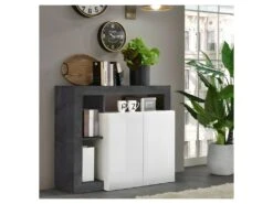 Buffet 2 Portes Blanc Laqué Brillant/Béton Ciré Foncé - ISCHIA