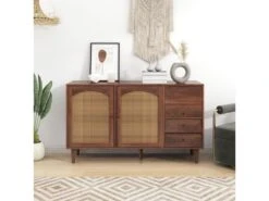 Buffet Avec 3 Portes Et 2 Tiroirs - Portes En Résine Tressée - Style Campagnard - Marron