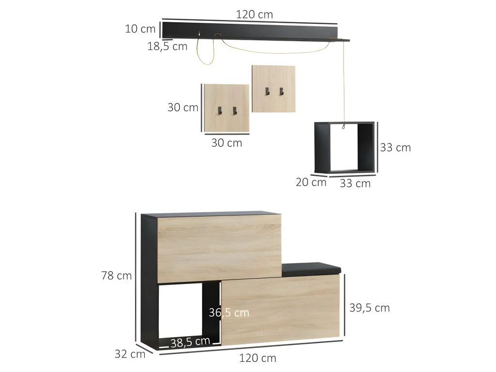 Organisateur D'entrée 5 éléments CALMS Aspect Chêne Clair Et Noir 5 Organisateur D'entrée 5 éléments CALMS Aspect Chêne Clair Et Noir – Image 3